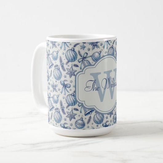 Custom Monogram Blue Toile Weihnachtsschmuck Kaffeetasse (Vorderseite Links)