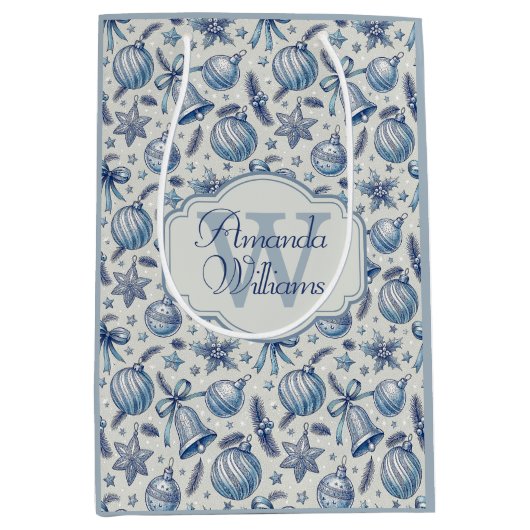 Custom Monogram Blue Toile Weihnachtsschmuck Mittlere Geschenktüte (Vorderseite)