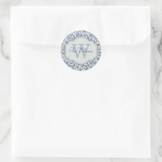 Custom Monogram Blue Toile Weihnachtsschmuck Runder Aufkleber (Tasche)