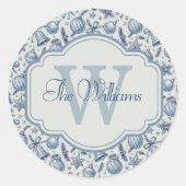 Custom Monogram Blue Toile Weihnachtsschmuck Runder Aufkleber (Vorderseite)