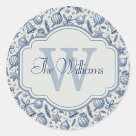 Custom Monogram Blue Toile Weihnachtsschmuck Runder Aufkleber