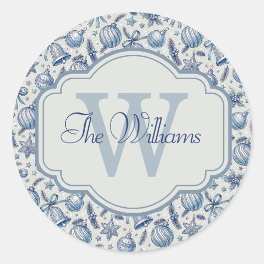Custom Monogram Blue Toile Weihnachtsschmuck Runder Aufkleber (Vorderseite)