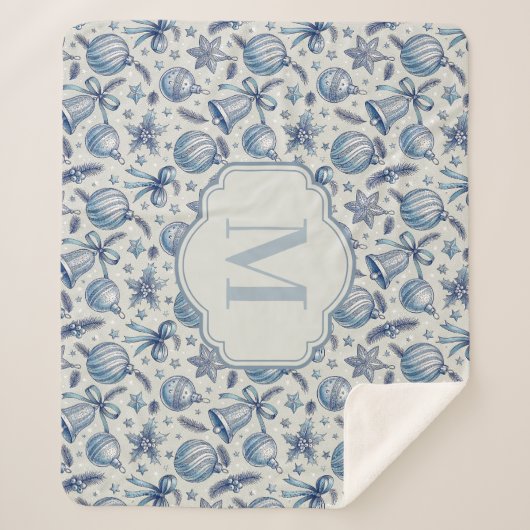 Custom Monogram Blue Toile Weihnachtsschmuck Sherpadecke (Vorderseite)