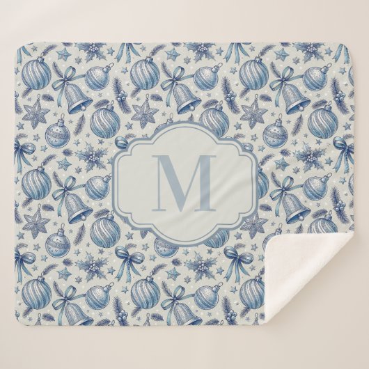 Custom Monogram Blue Toile Weihnachtsschmuck Sherpadecke (Vorderseite (Horizontal))