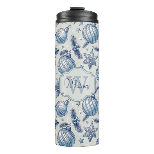 Custom Monogram Blue Toile Weihnachtsschmuck Thermosbecher (Vorderseite)