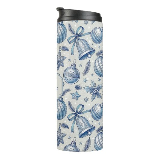 Custom Monogram Blue Toile Weihnachtsschmuck Thermosbecher (Nach rechts gedreht)