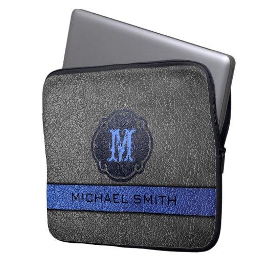 Custom Monogram Blue und Black Leather Laptopschutzhülle (Vorderseite Links)