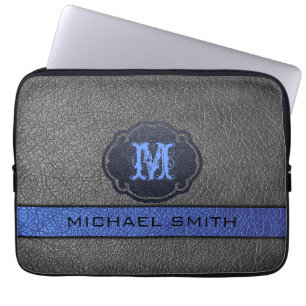 Custom Monogram Blue und Black Leather Laptopschutzhülle
