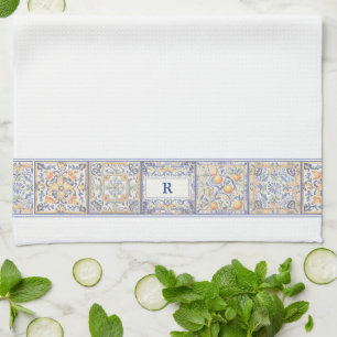 Custom Monogram Blue & Yellow Mediterranean Tile Geschirrtuch