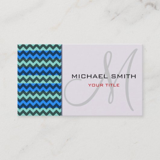 Custom Monogram Blue Zickzack Zigzag Muster Visitenkarte (Vorderseite)