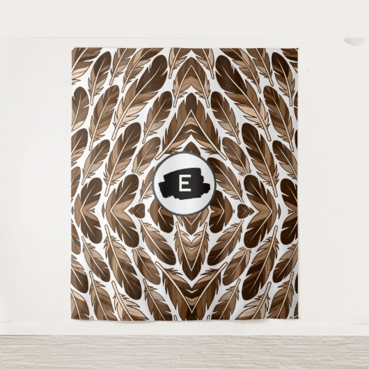 Custom Monogram Boho Tapestry - Brown Feathers Wandteppich (Vorderseite)