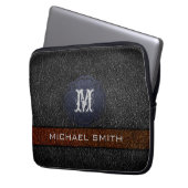 Custom Monogram Brown and Black Leather Laptopschutzhülle (Vorderseite Links)