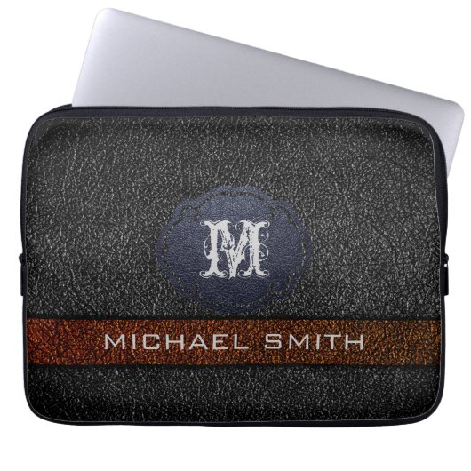 Custom Monogram Brown and Black Leather Laptopschutzhülle (Vorderseite)