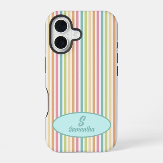Custom Monogram Cheful Pastel Stripes iPhone 16 Hülle (Rückseite)