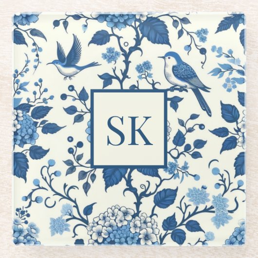 Custom Monogram Chinoiserie Blue und White Glasuntersetzer (Vorderseite)