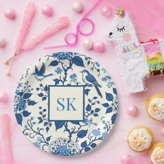 Custom Monogram Chinoiserie Chic, Hydrangeas Pappteller (Party)