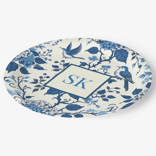 Custom Monogram Chinoiserie Chic, Hydrangeas Pappteller (Schrägansicht)