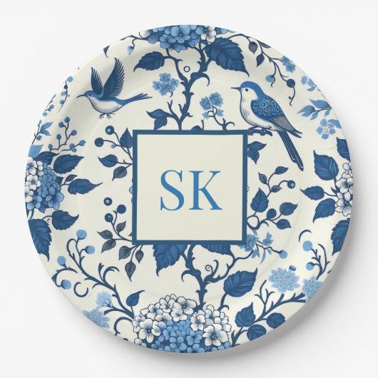 Custom Monogram Chinoiserie Chic, Hydrangeas Pappteller (Vorderseite)