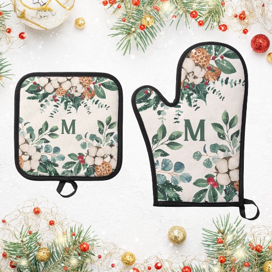Custom Monogram Christmas Greenery Ofenhandschuh & Topflappen-Set