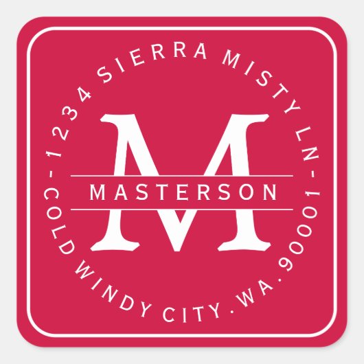 Custom Monogram Christmas Rücksendeadresse Quadratischer Aufkleber (Vorderseite)