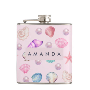 Custom Monogram Coastal Seashell Pearl Ocean Gesch Flachmann