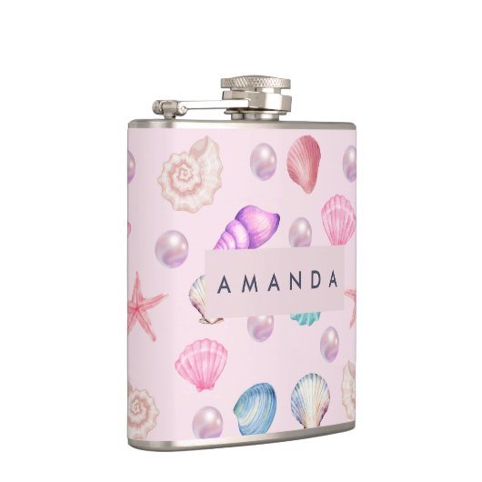 Custom Monogram Coastal Seashell Pearl Ocean Gesch Flachmann (Rechts)