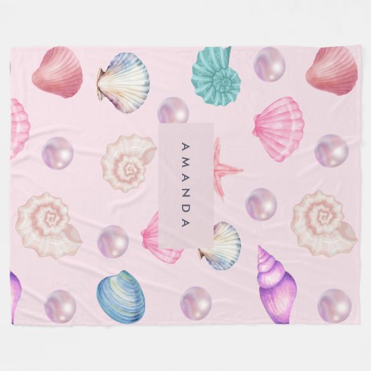 Custom Monogram Coastal Seashell Pearl Ocean Gesch Fleecedecke (Vorderseite (Horizontal))