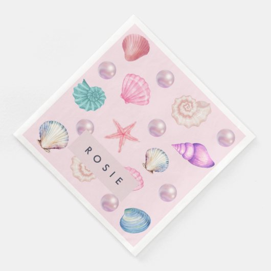 Custom Monogram Coastal Seashell Pearl Ocean Gesch Serviette (Ecke)
