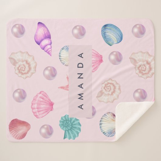 Custom Monogram Coastal Seashell Pearl Ocean Gesch Sherpadecke (Vorderseite (Horizontal))