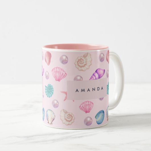 Custom Monogram Coastal Seashell Pearl Ocean Gesch Zweifarbige Tasse (VorderseiteRechts)
