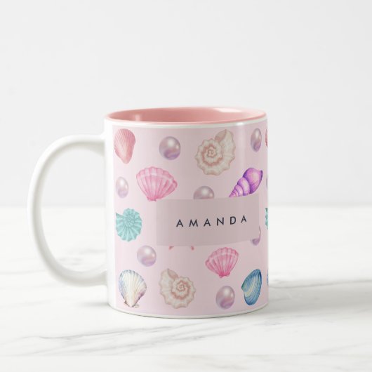Custom Monogram Coastal Seashell Pearl Ocean Gesch Zweifarbige Tasse (Links)