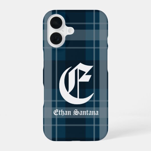 Custom Monogram Dark Blue Kariert iPhone 16 Hülle (Rückseite)