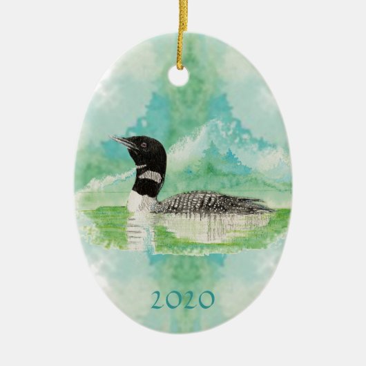 Custom Monogram Dating Watercolor Loon Bird Keramik Ornament (Vorne)