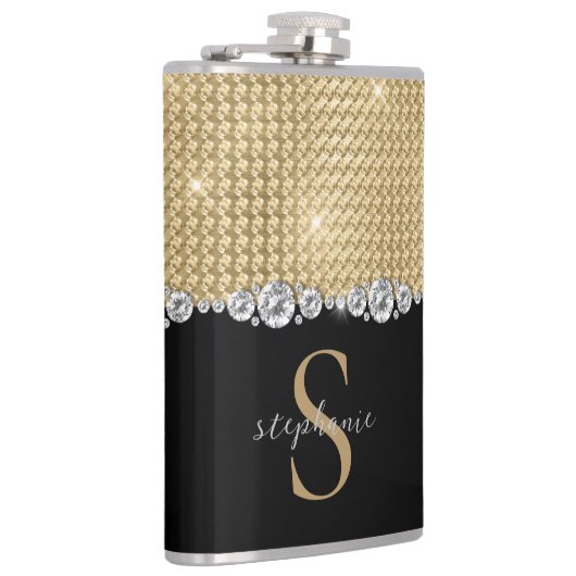 Custom Monogram Diamonds Gold Black Eleganury Luxu Flachmann (Rechts)
