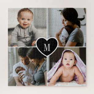 Custom Monogram Family Foto Collage Black Heart Puzzle