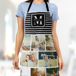Custom Monogram Family Foto Collage Chic Black Schürze<br><div class="desc">Perfektes Geschenk für Muttertag,  Geburtstag oder Feiertage: Eine moderne Schürze,  die mit zehn Ihrer persönlichen Lieblingslieder sowie einem individuellen Monogramm und Namen in der Schriftzeichen-Typografie zugeschnitten ist. Das ist die schwarz-weiß gestreifte Version.</div>