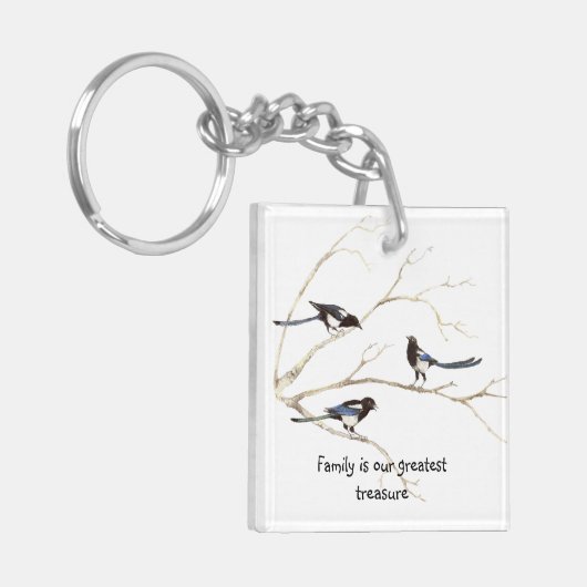 Custom Monogram Family Quote Magpie Birds Schlüsselanhänger (Vorderseite links)