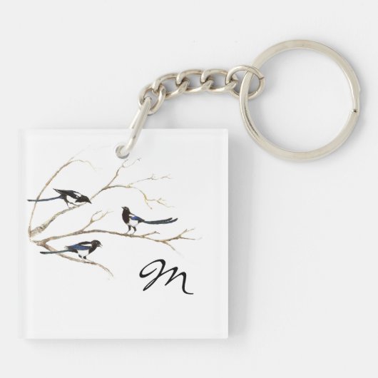 Custom Monogram Family Quote Magpie Birds Schlüsselanhänger (Rückseite)