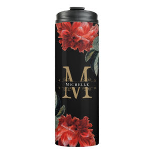 Custom Monogram Floral Red Gold Elegant Black Thermosbecher
