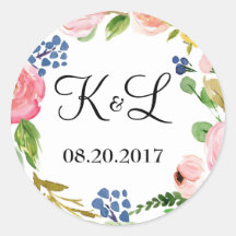Custom Monogram Floral Wedding Round Sticker Gefal