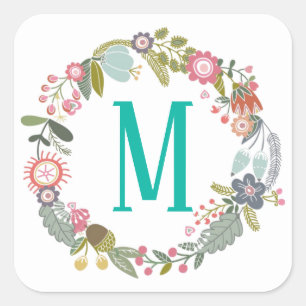 Custom Monogram Floral Wreath Quadratischer Aufkleber