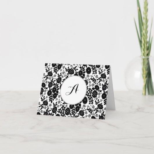 Custom Monogram Flower Pattern Black and White Dankeskarte (Vorderseite)