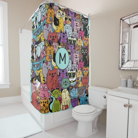 Custom Monogram Funny Cats Illustration Duschvorhang (Beispiel)