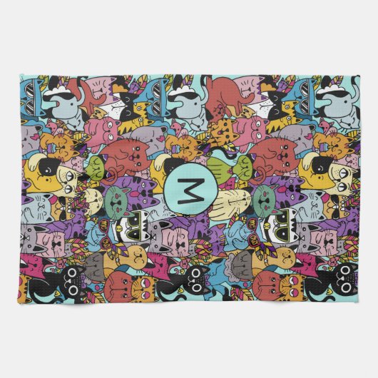 Custom Monogram Funny Cats Illustration Geschirrtuch (Horizontal)