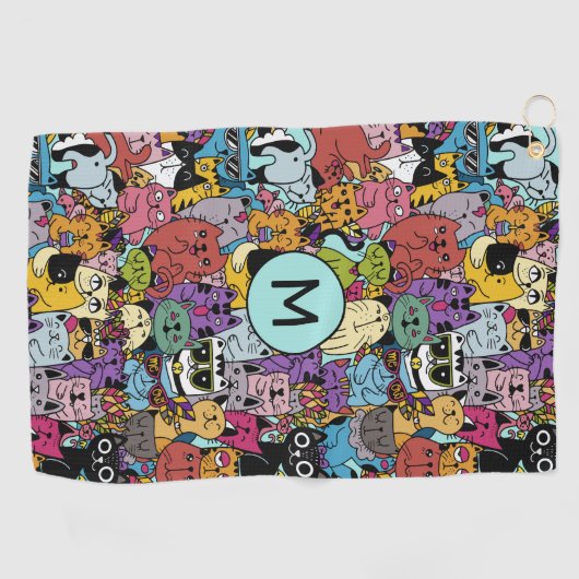 Custom Monogram Funny Cats Illustration Golfhandtuch (Horizontal)