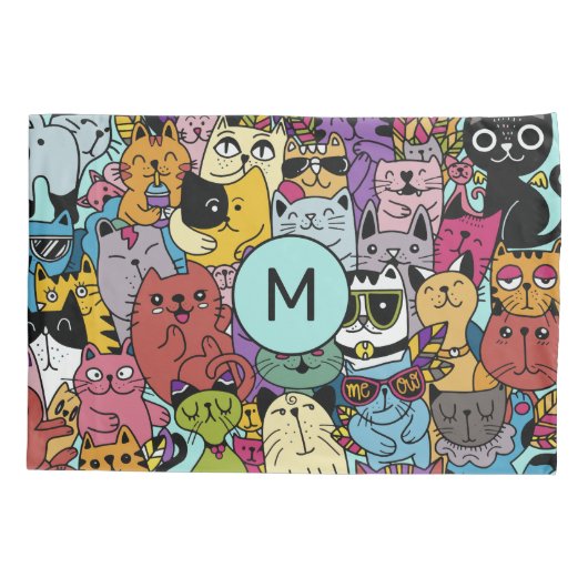Custom Monogram Funny Cats Illustration Kissenbezug (Rückseite)