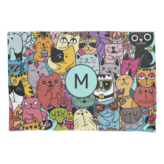 Custom Monogram Funny Cats Illustration Kissenbezug (Vorderseite)