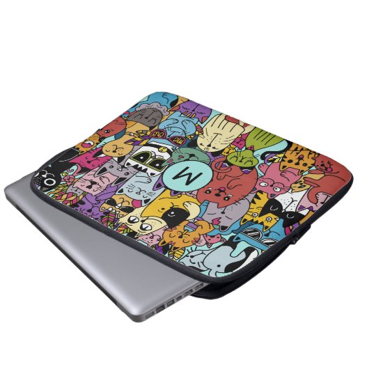 Custom Monogram Funny Cats Illustration Laptopschutzhülle (Vorne Knopf)
