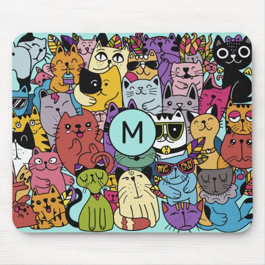 Custom Monogram Funny Cats Illustration Mousepad (Vorne)