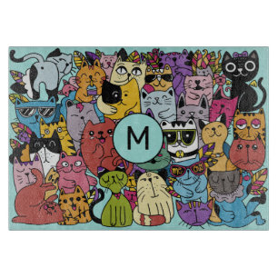 Custom Monogram Funny Cats Illustration Schneidebrett